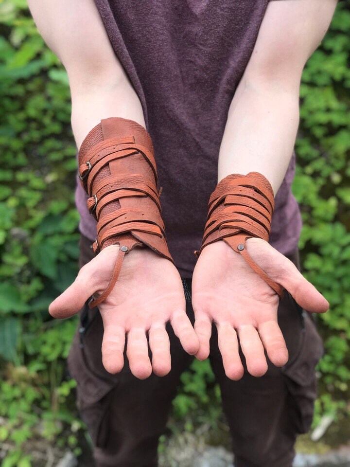 Medieval leather bracers with ribbons - SokolArmory