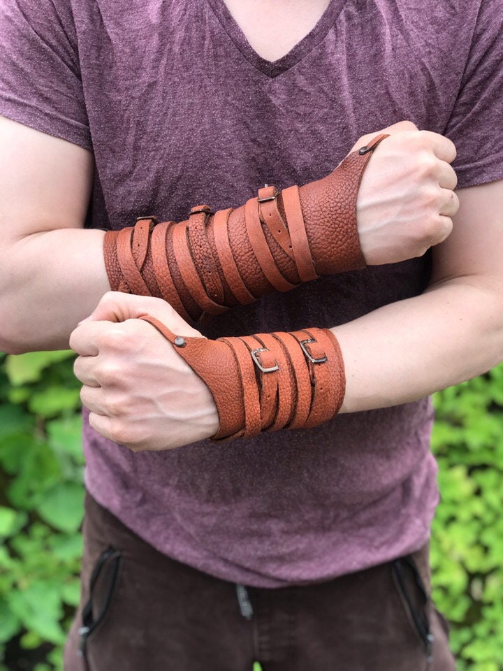 Medieval leather bracers with ribbons - SokolArmory