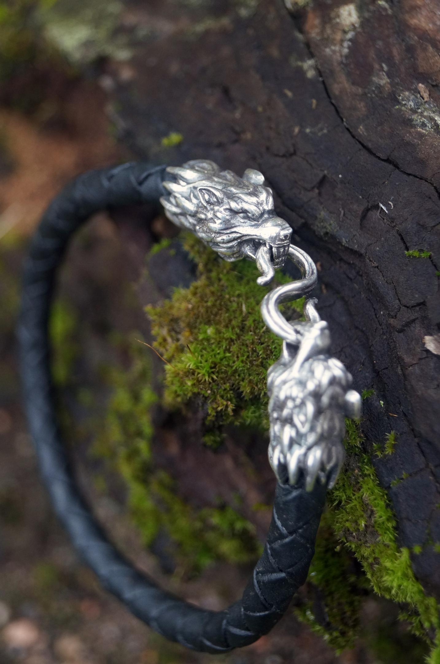 Silver Wolf's Heads Leather Black Braided Bracelet - SokolArmory