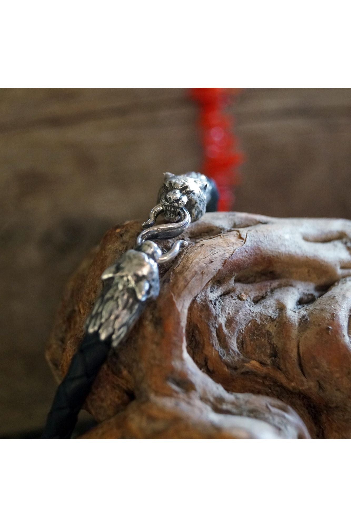 Silver Tiger's Heads Leather Black Braided Bracelet - SokolArmory