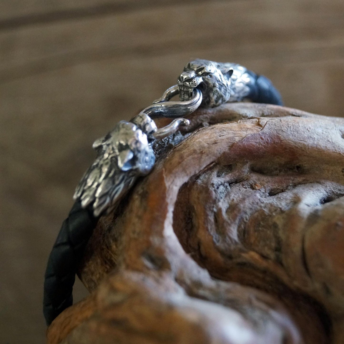Silver Tiger's Heads Leather Black Braided Bracelet - SokolArmory