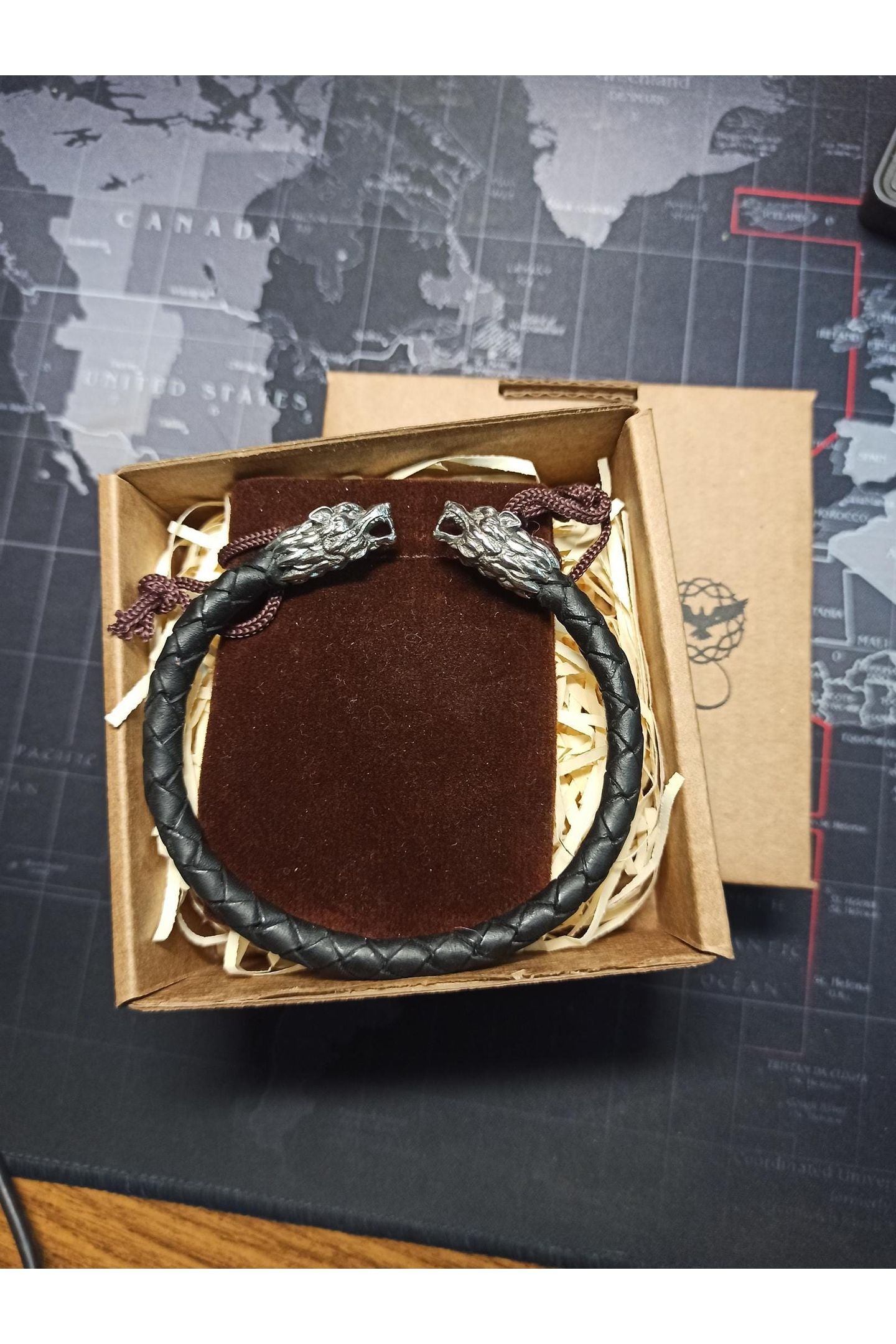 Silver Wolf's Heads Leather Black Braided Bracelet - SokolArmory