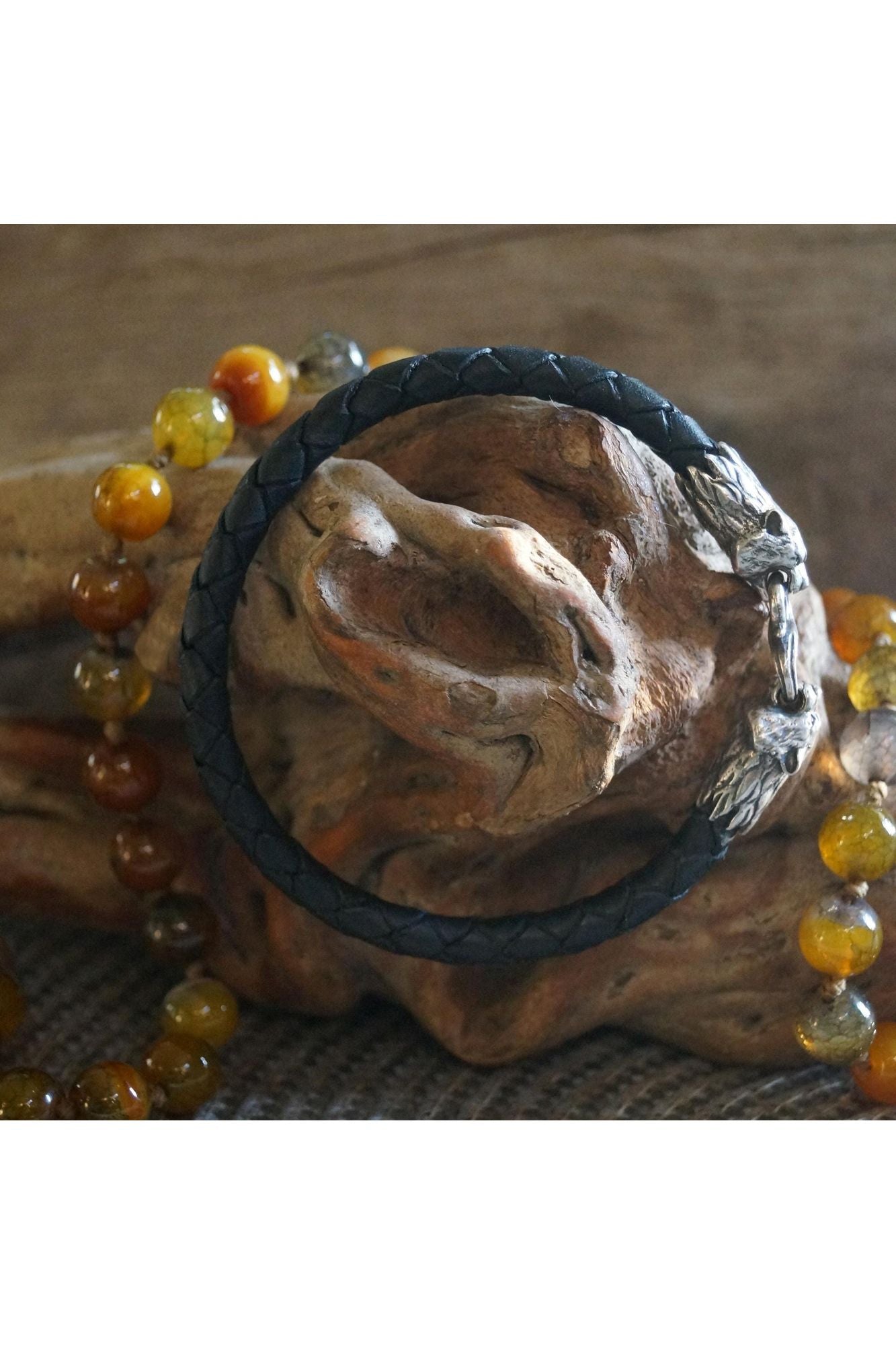 Silver Tiger's Heads Leather Black Braided Bracelet - SokolArmory