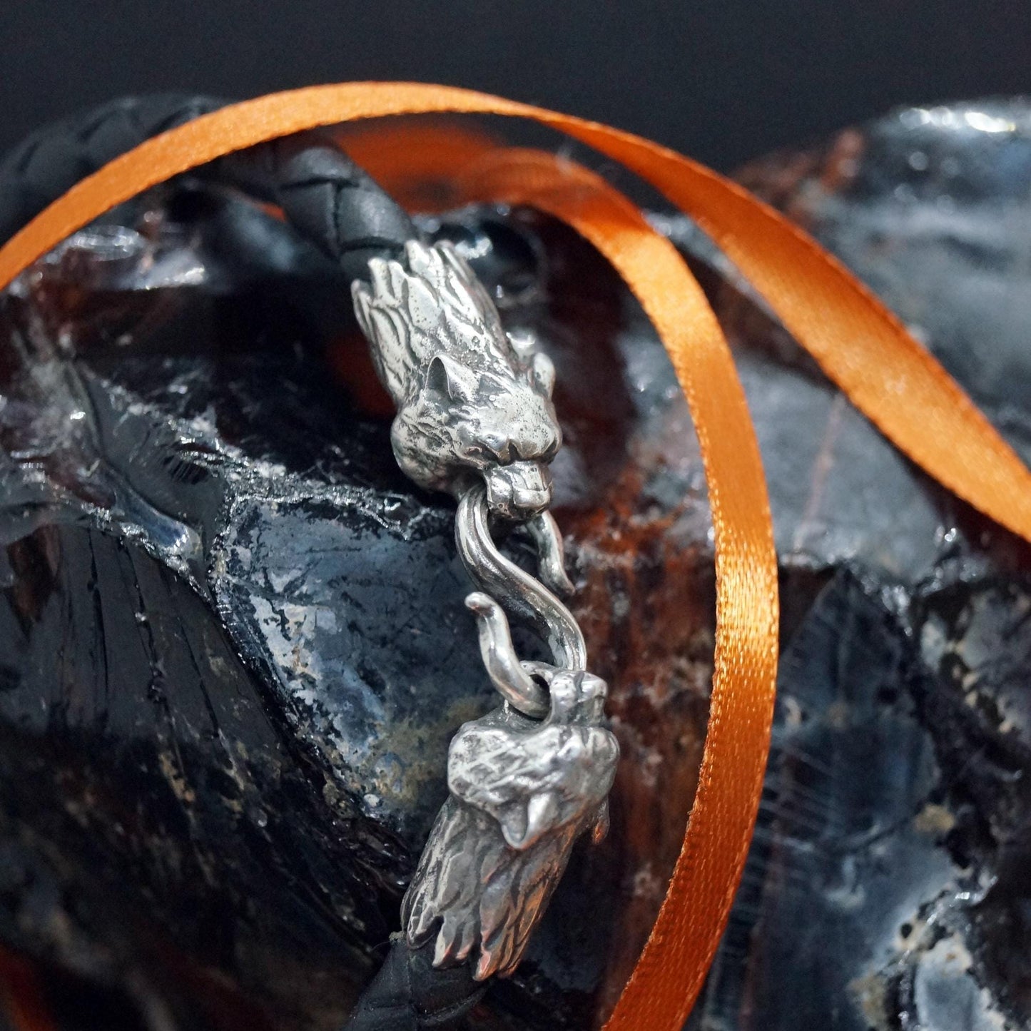 Silver Tiger's Heads Leather Black Braided Bracelet - SokolArmory