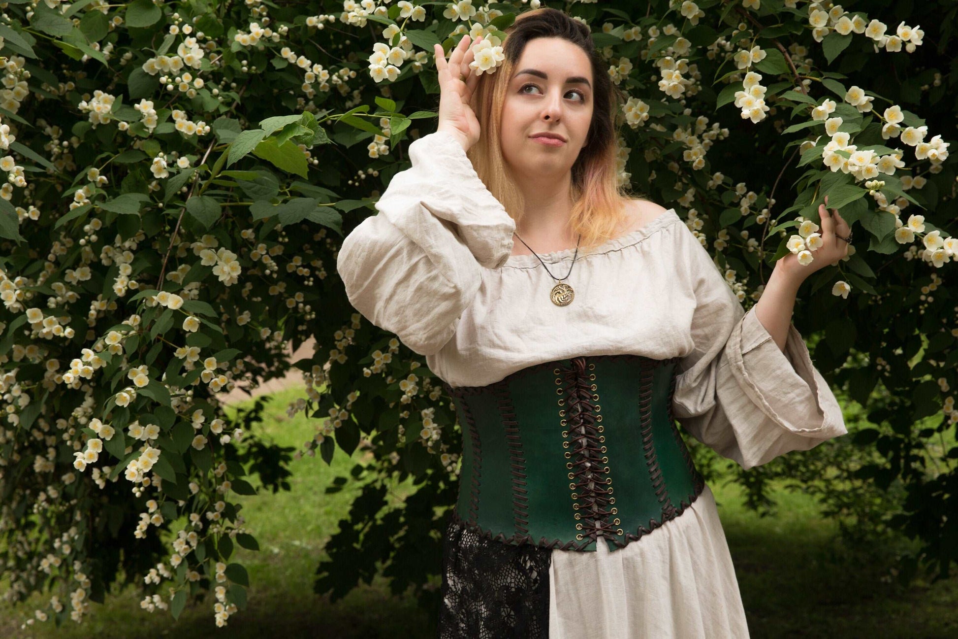 Green leather corset belt “Forest witch” - SokolArmory