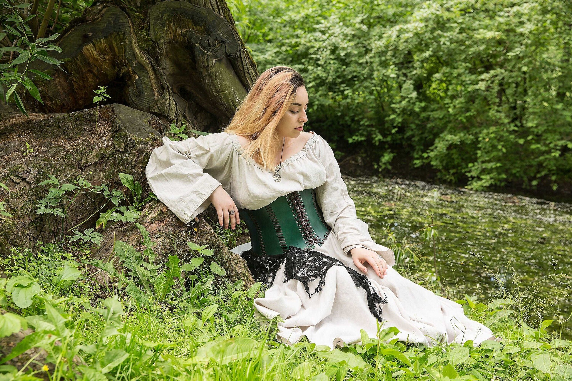 Green leather corset belt “Forest witch” - SokolArmory