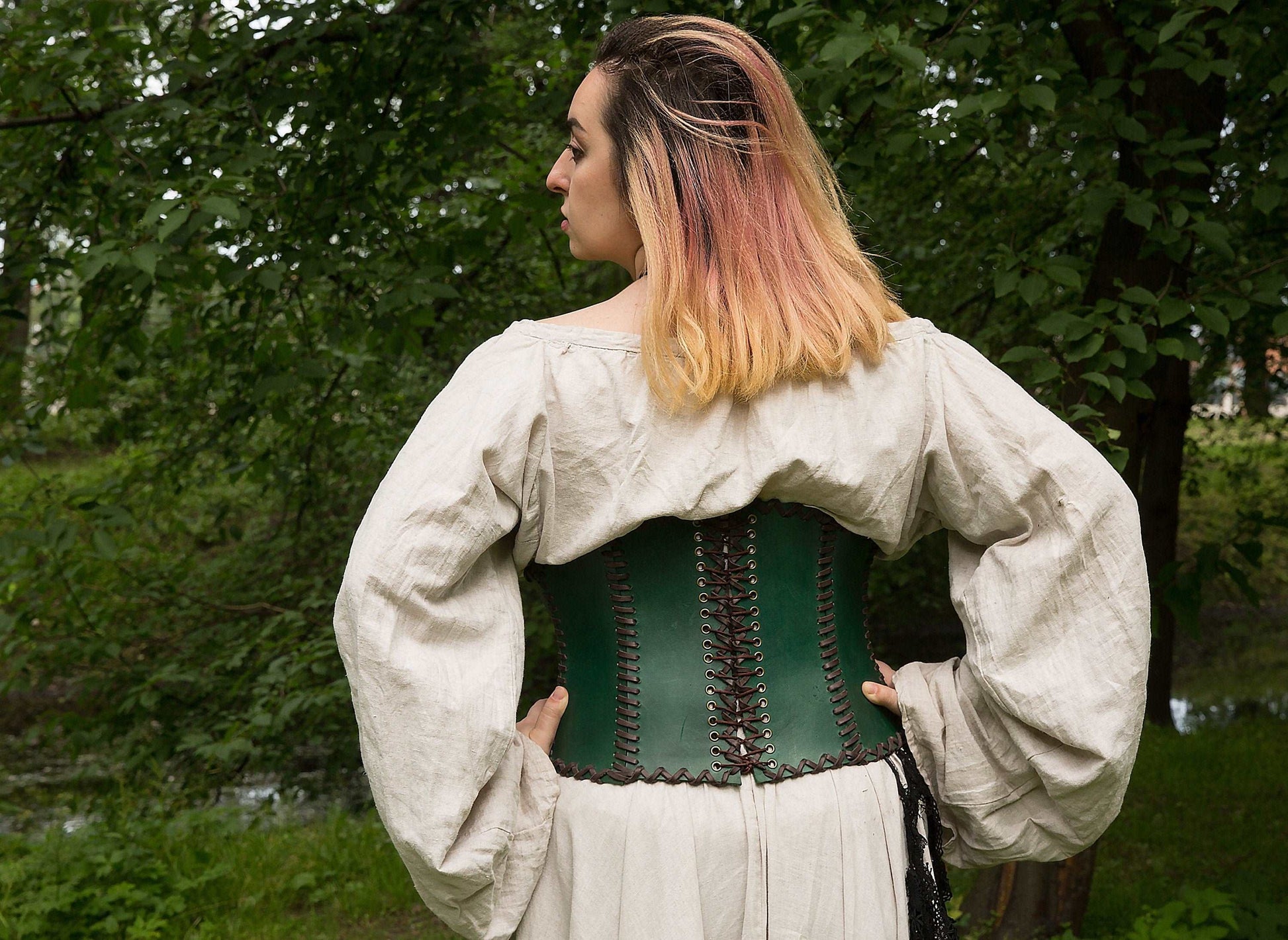 Green leather corset belt “Forest witch” - SokolArmory
