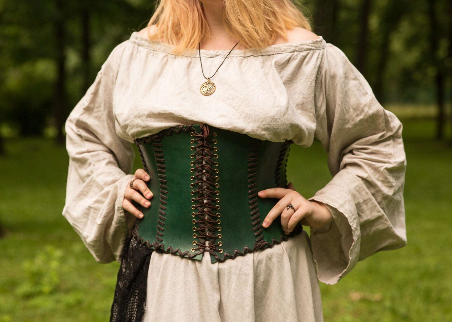 Green leather corset belt “Forest witch” - SokolArmory