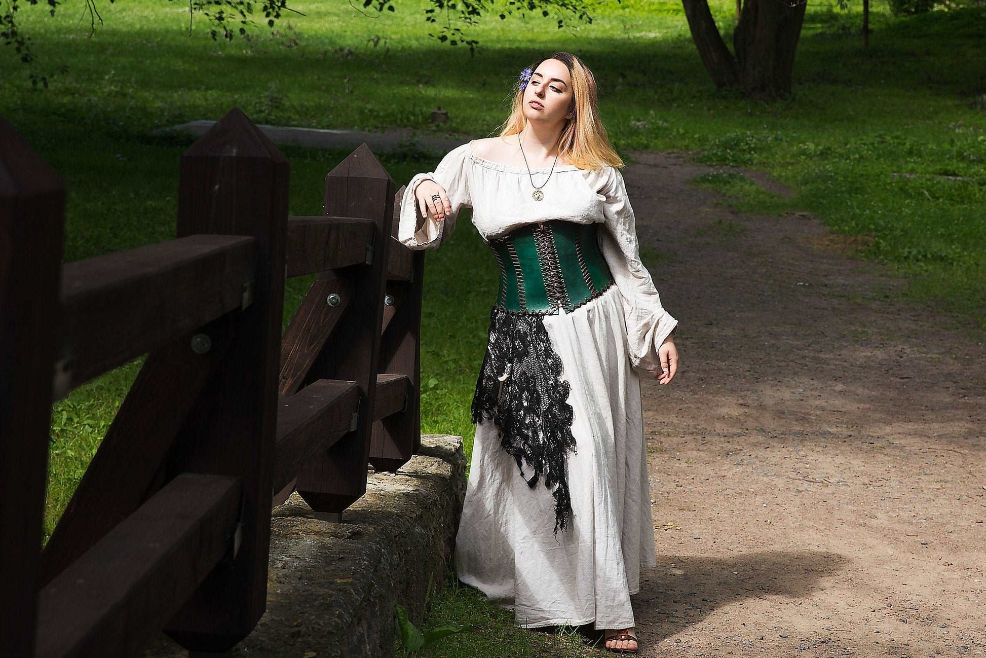 Green leather corset belt “Forest witch” - SokolArmory