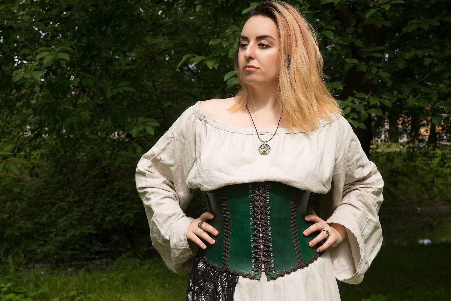 Green leather corset belt “Forest witch” - SokolArmory