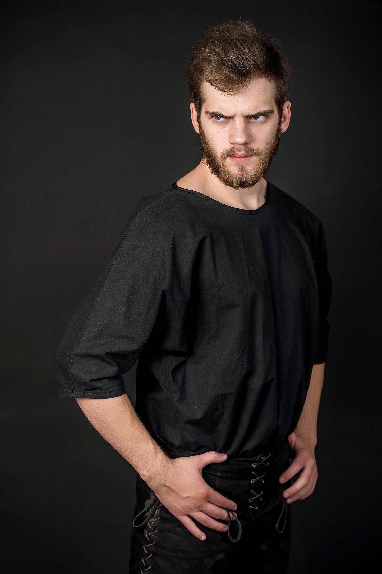 Black short sleeve tunic; medieval linen shirt - SokolArmory