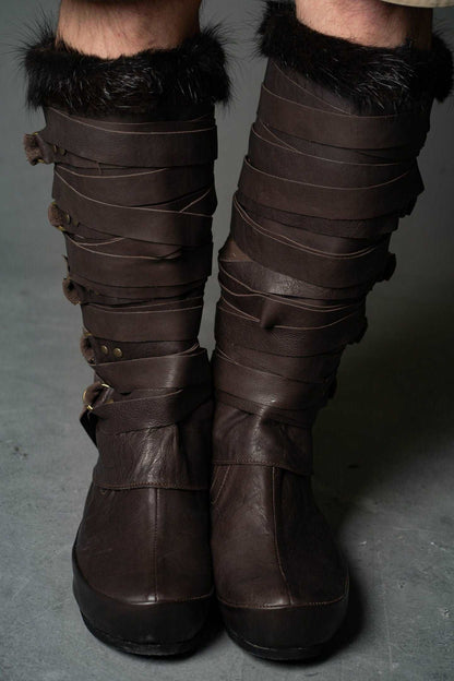Assassin leather low boots + greaves with fur - SokolArmory