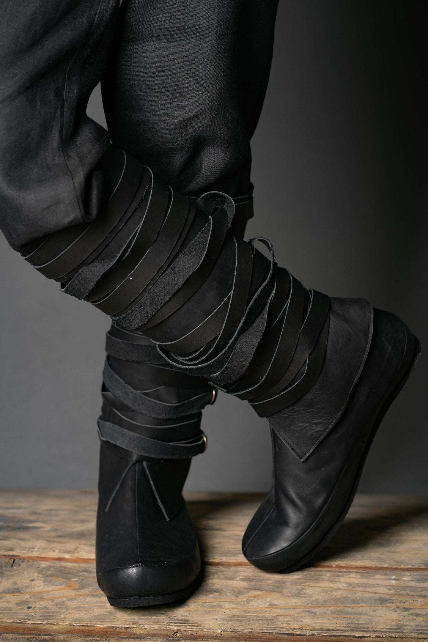 Assassin black leather low boots + greaves - SokolArmory