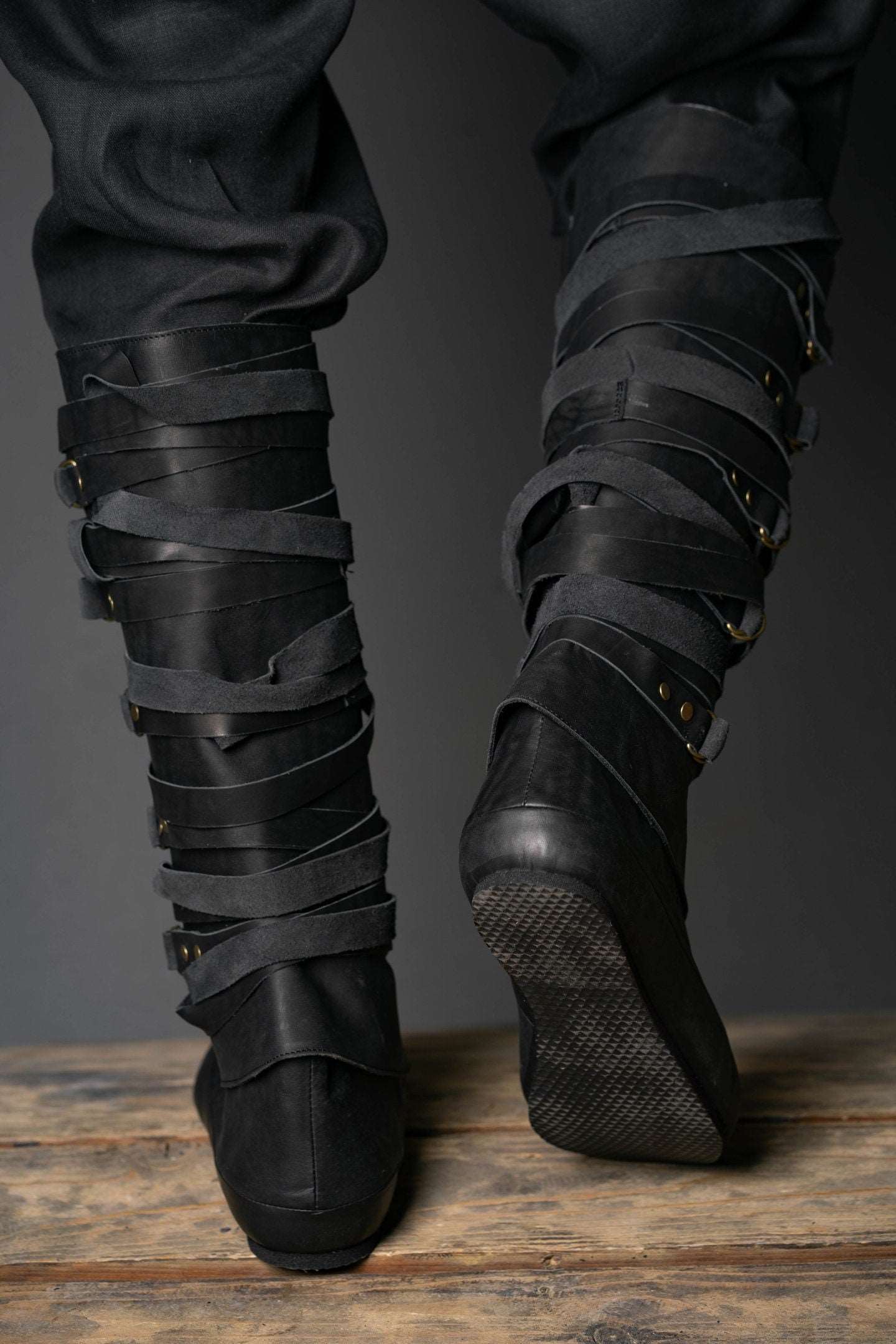 Assassin black leather low boots + greaves - SokolArmory