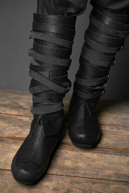 Assassin black leather low boots + greaves - SokolArmory