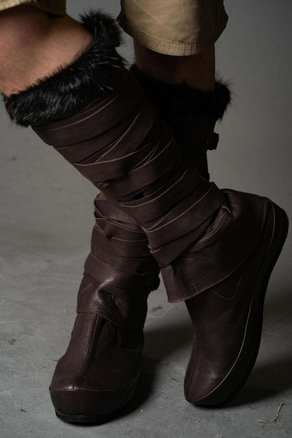 Assassin leather low boots + greaves with fur - SokolArmory