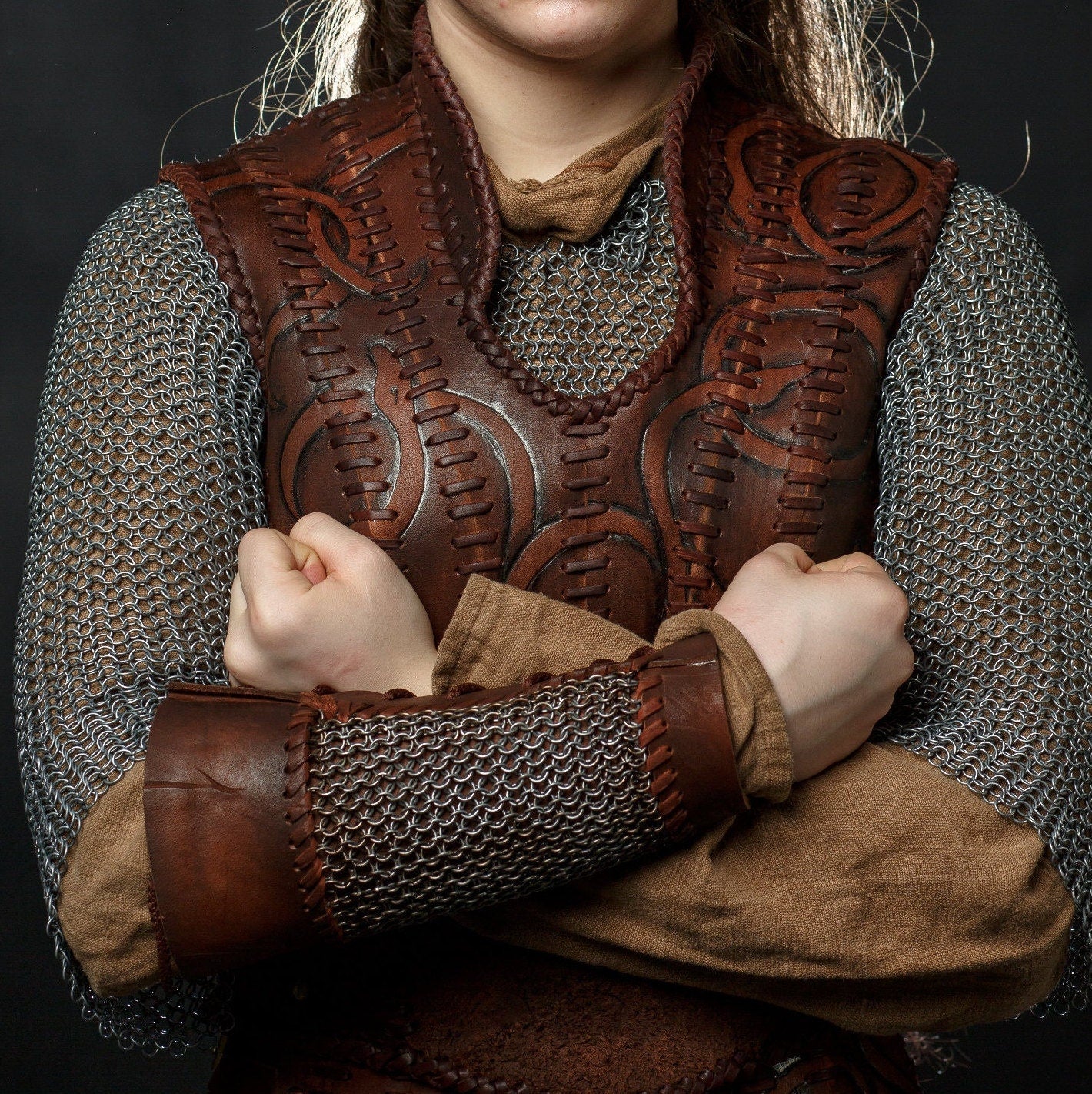 Viking leather bracers with сhainmai - SokolArmory