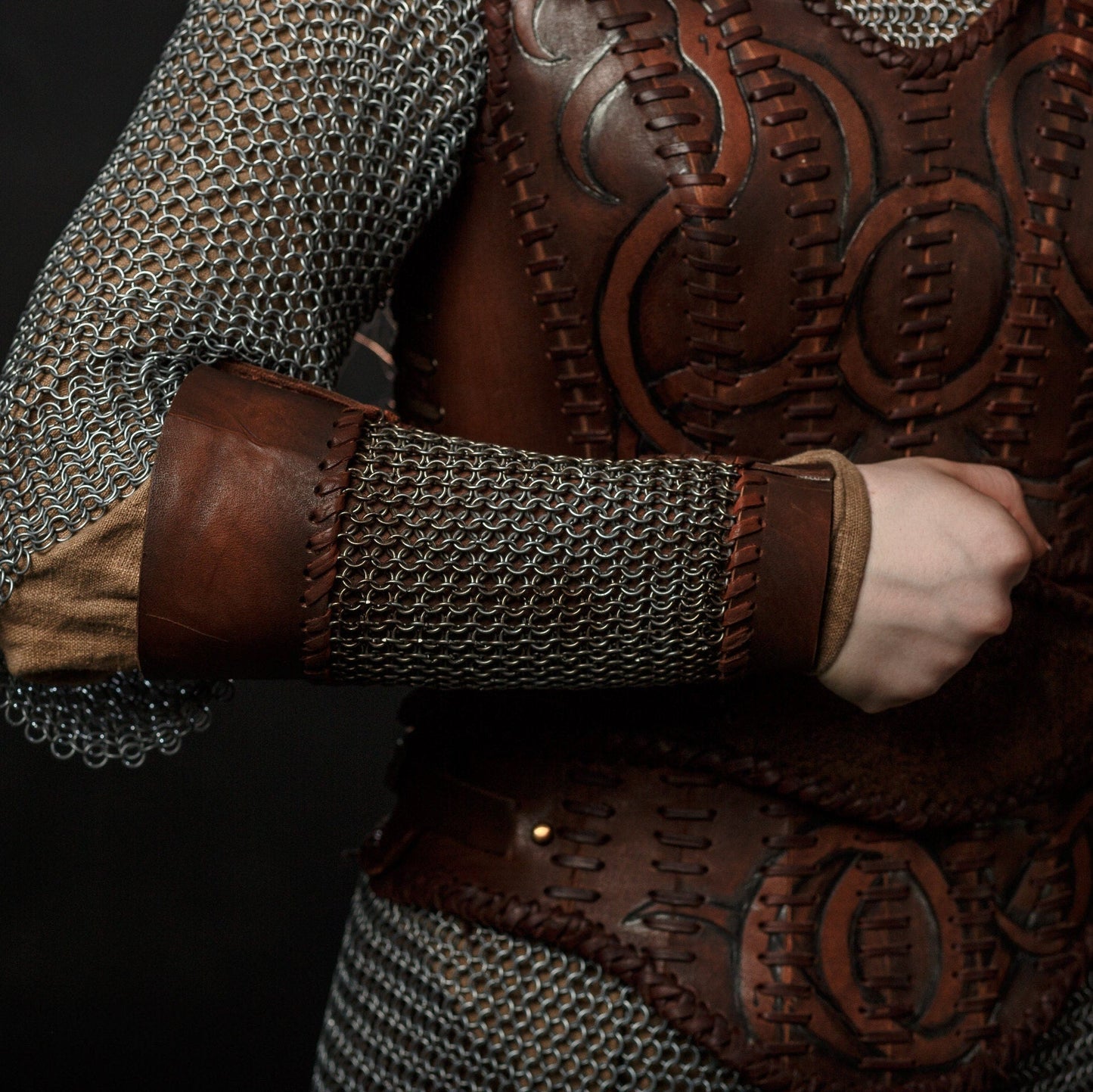 Viking leather bracers with сhainmai - SokolArmory