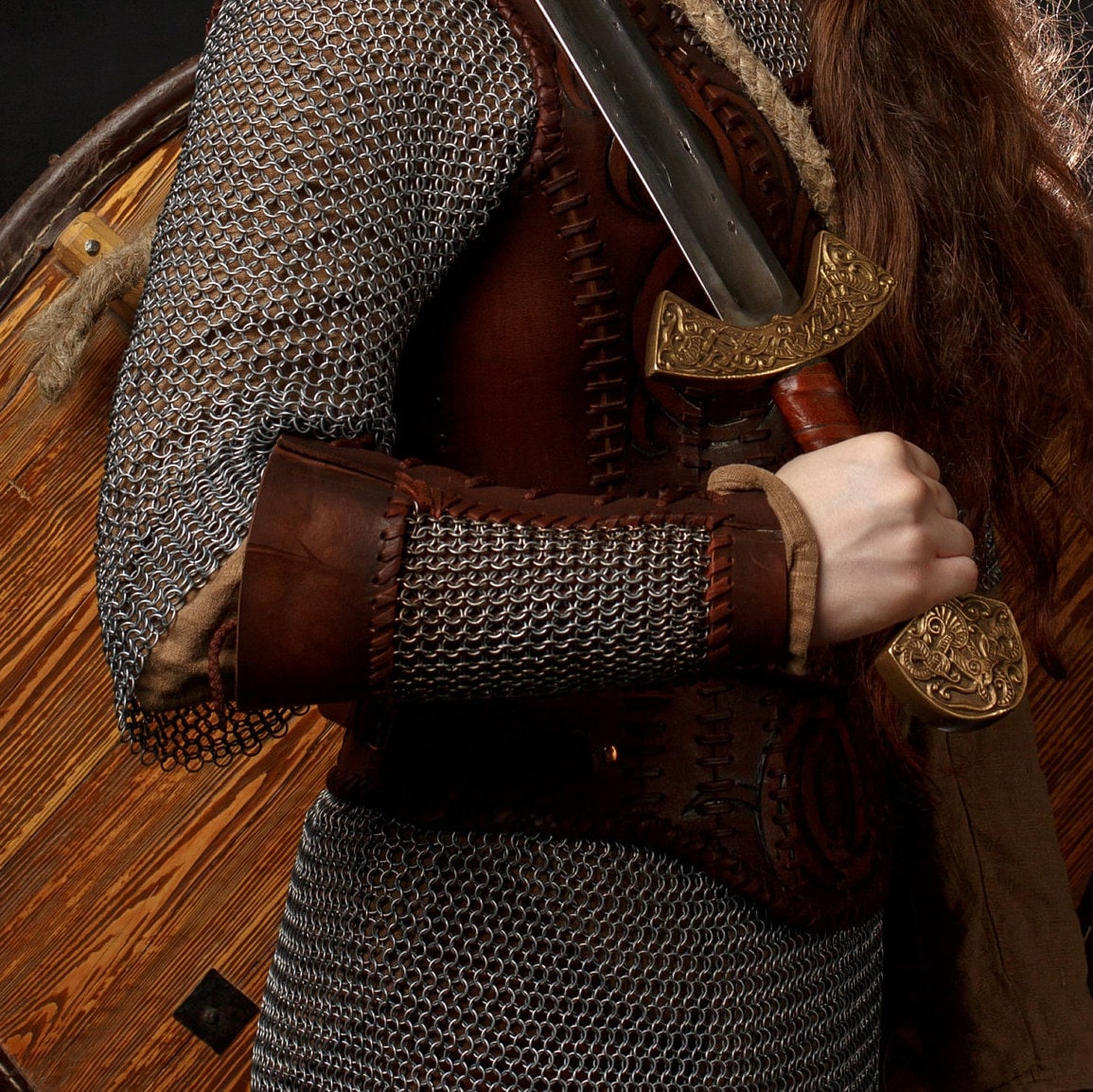Viking leather bracers with сhainmai - SokolArmory