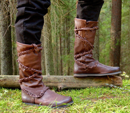 Medieval leather high boots with ties - SokolArmory