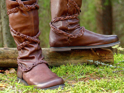 Medieval leather high boots with ties - SokolArmory
