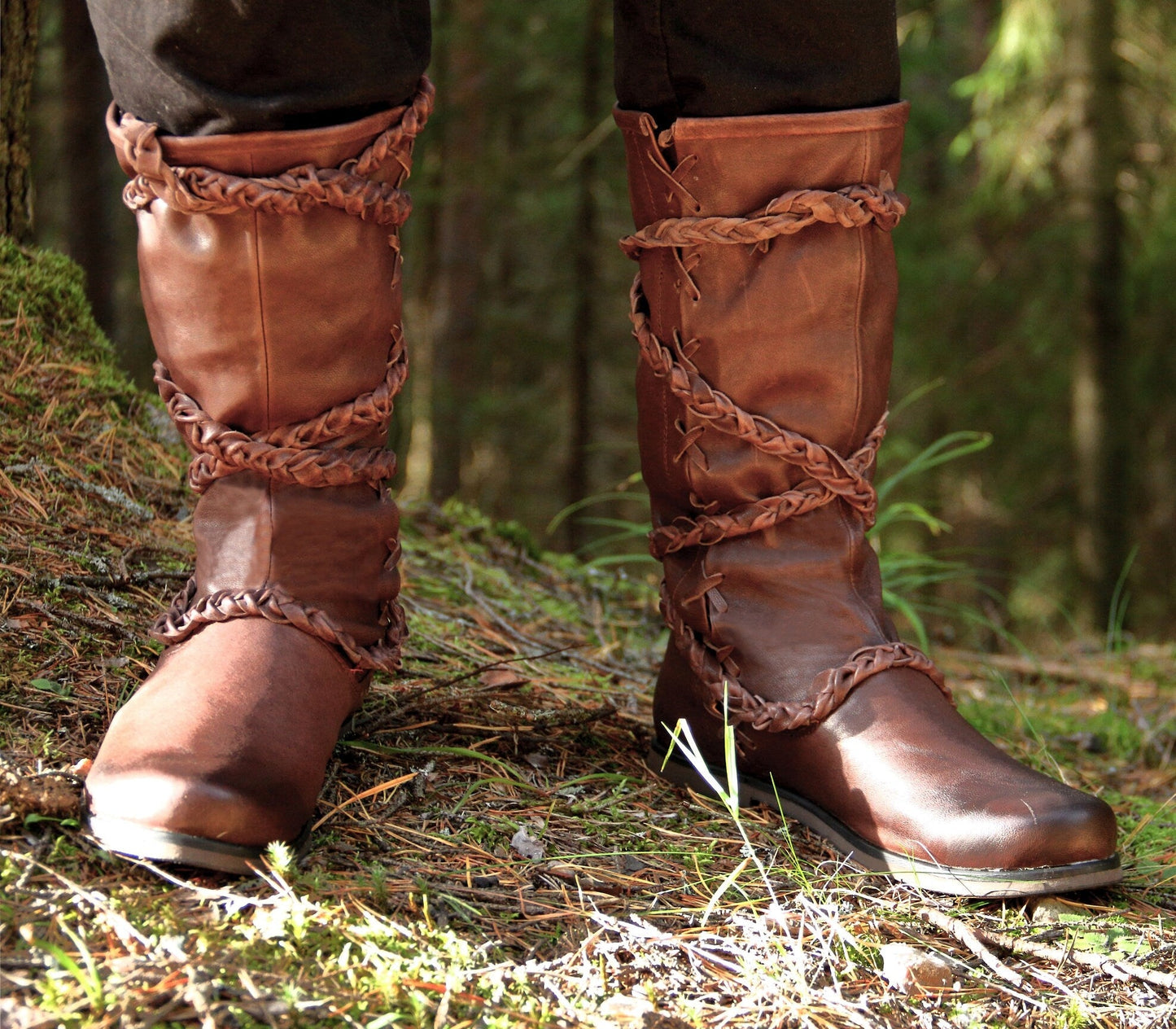 Medieval leather high boots with ties - SokolArmory