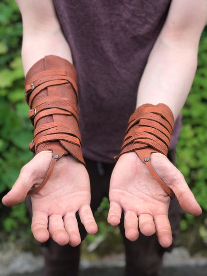 Medieval leather bracers with ribbons - SokolArmory