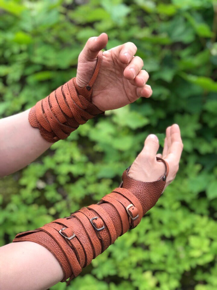 Medieval leather bracers with ribbons - SokolArmory