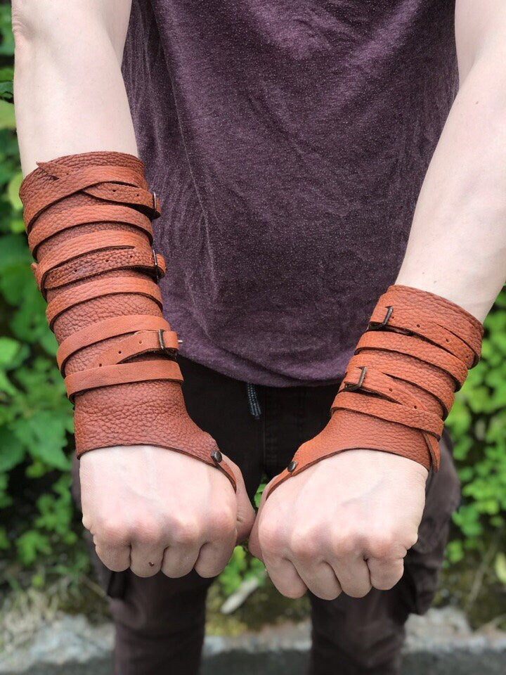 Medieval leather bracers with ribbons - SokolArmory