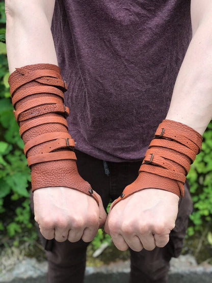 Medieval leather bracers with ribbons - SokolArmory