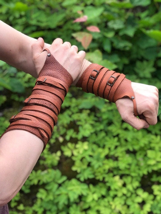 Medieval leather bracers with ribbons - SokolArmory