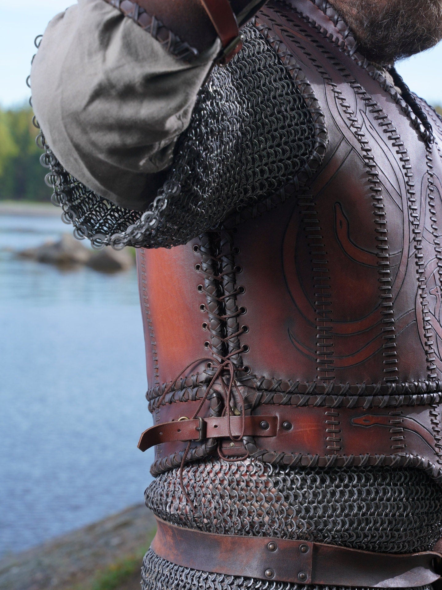 Viking leather armor with brass accents - SokolArmory