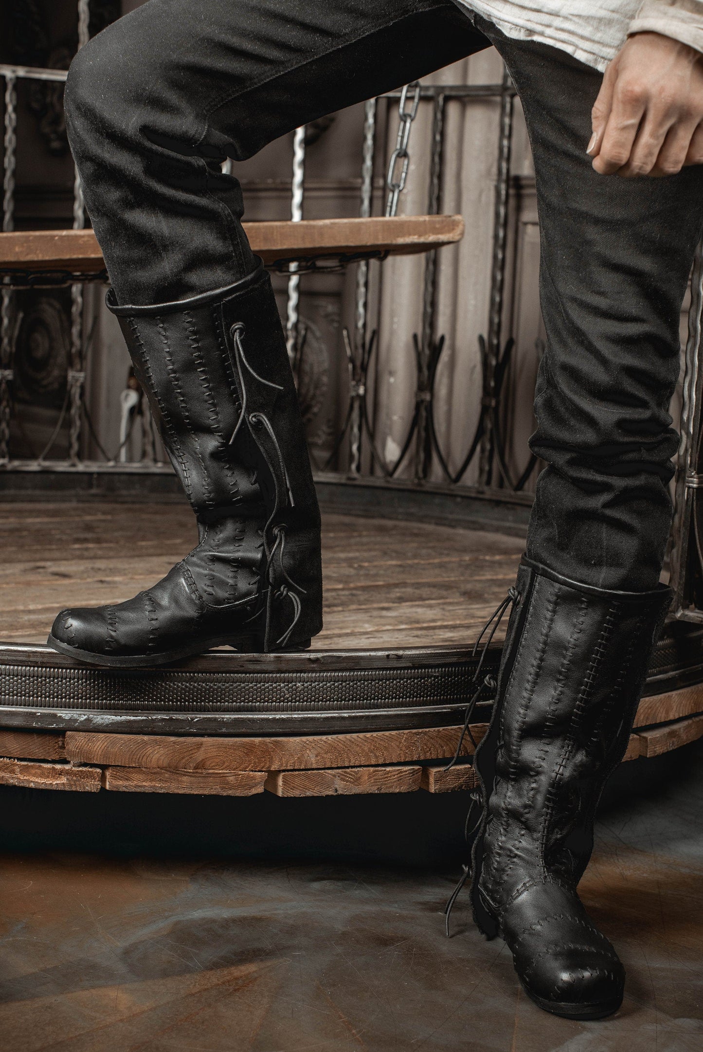 Medieval leather high boots with buckles - SokolArmory