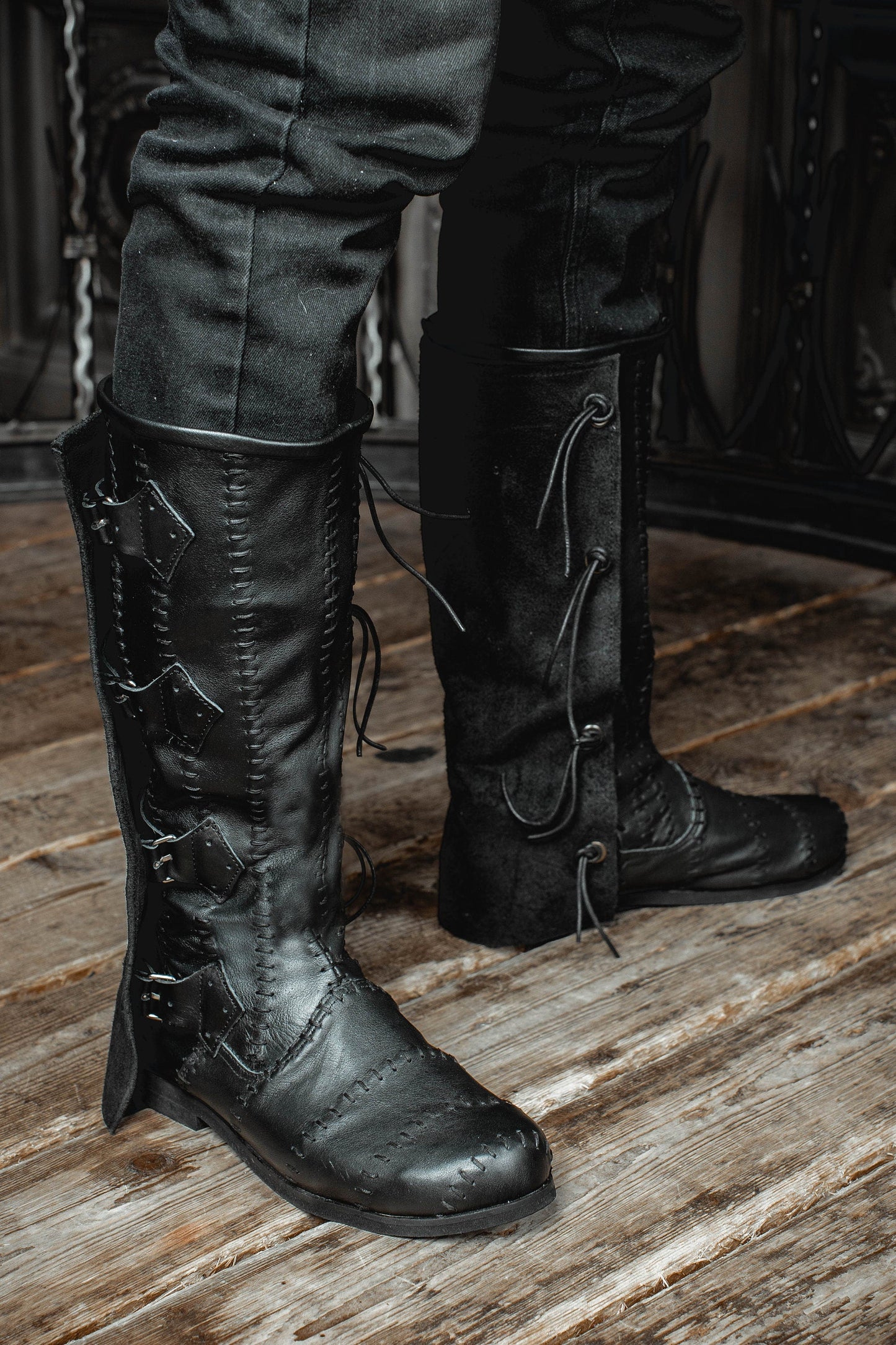 Medieval leather high boots with buckles - SokolArmory
