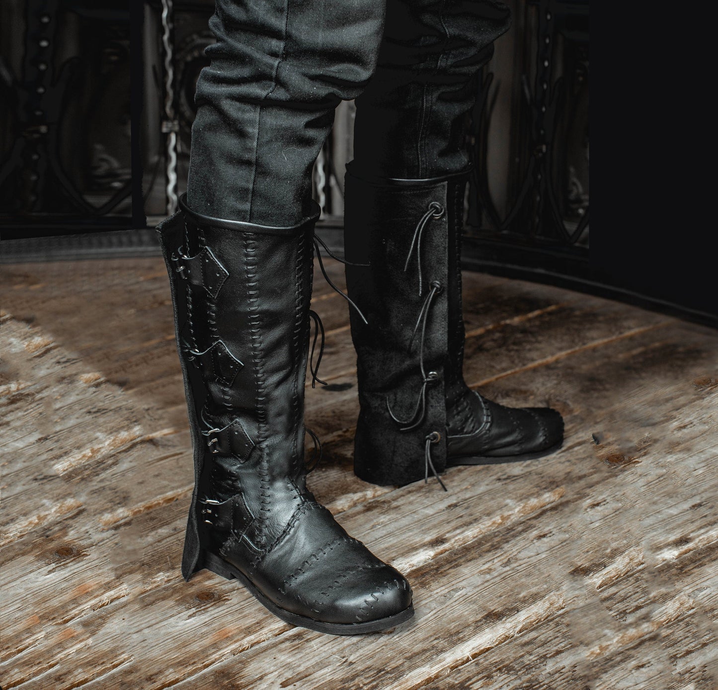 Medieval leather high boots with buckles - SokolArmory