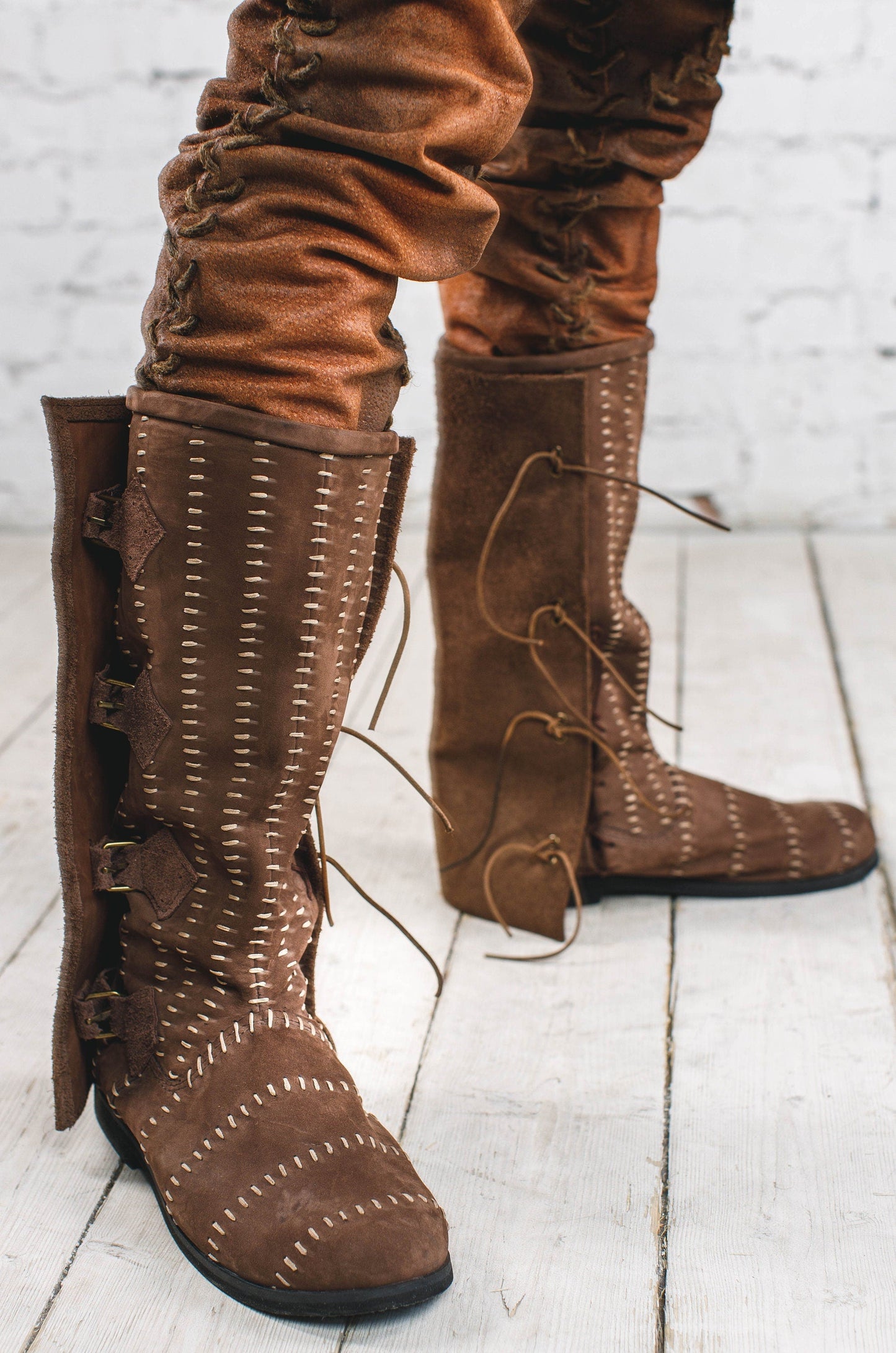 Medieval leather high boots with buckles - SokolArmory