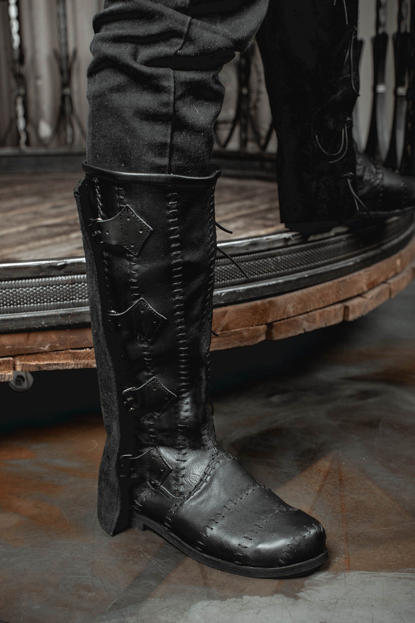 Medieval leather high boots with buckles - SokolArmory