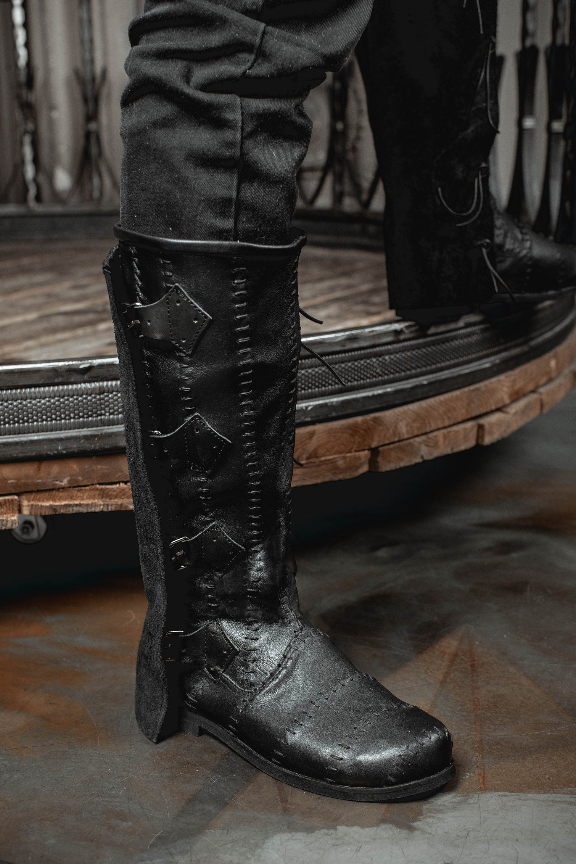 Medieval leather high boots with buckles - SokolArmory