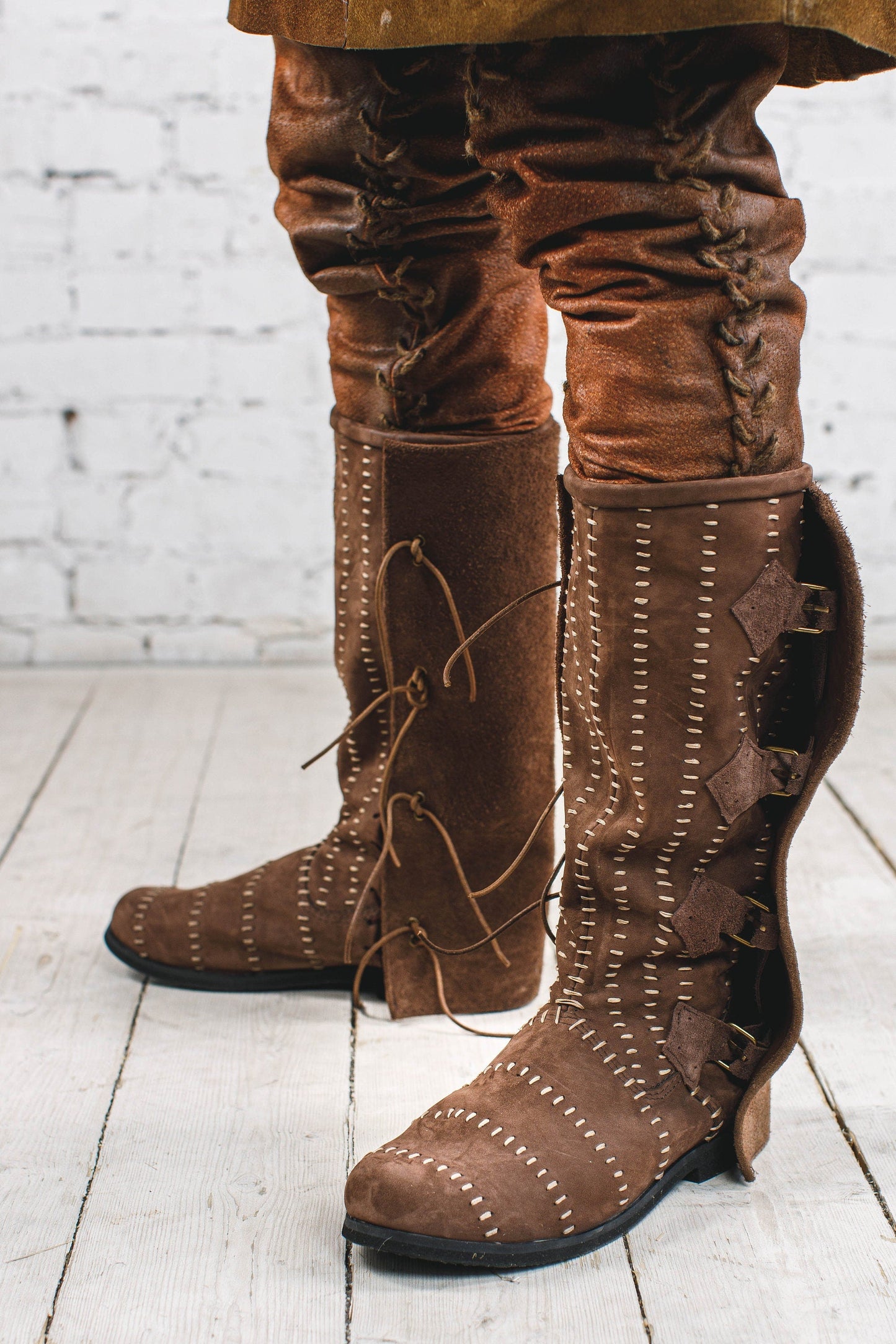 Medieval leather high boots with buckles - SokolArmory