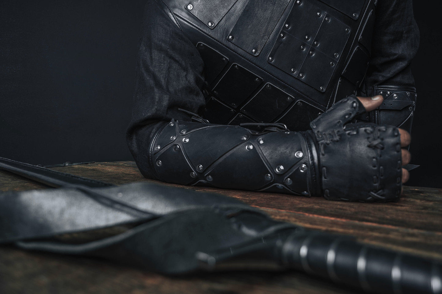 Medieval leather bracers with hand protection - SokolArmory