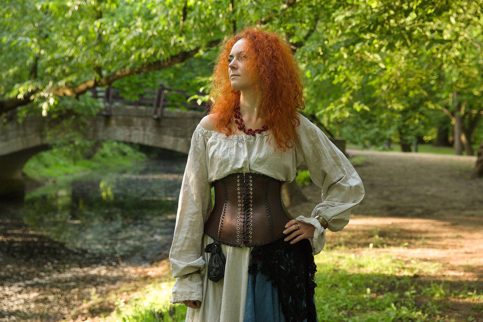 Leather dark brown corset belt “Forest witch” - SokolArmory