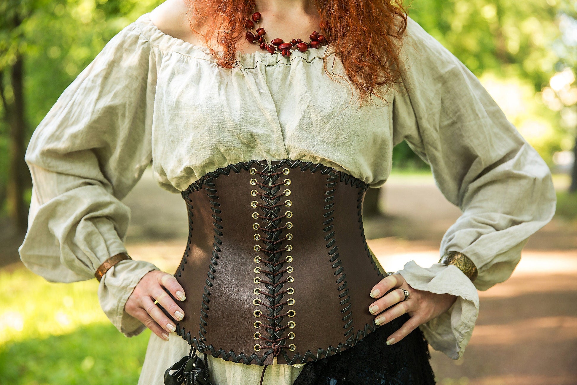 Leather dark brown corset belt “Forest witch” - SokolArmory