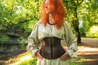 Leather dark brown corset belt “Forest witch” - SokolArmory