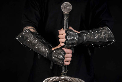 Medieval leather bracers with hand protection - SokolArmory