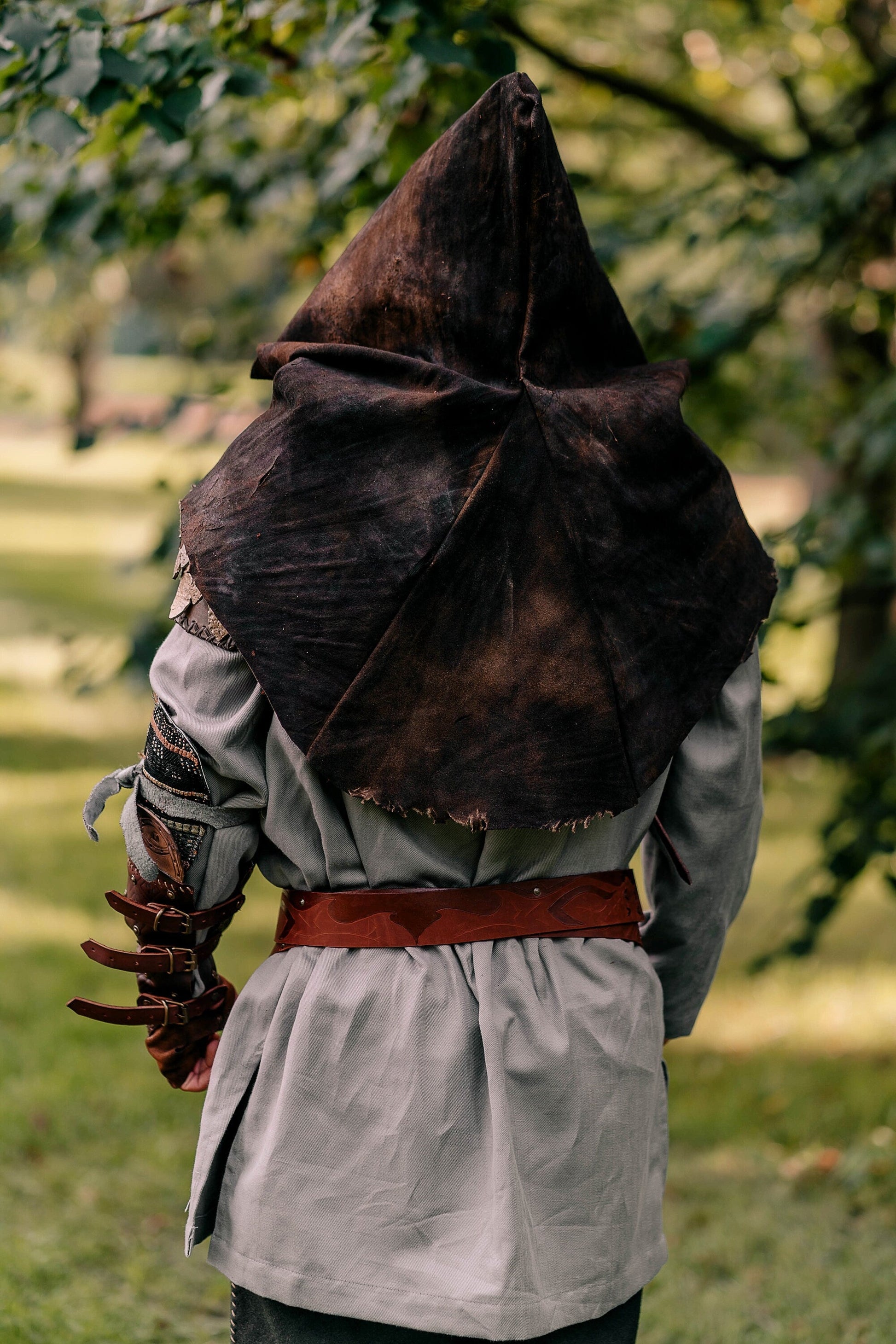 Medieval warlord leather hood with mantle - SokolArmory