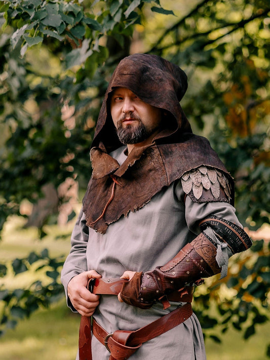 Medieval warlord leather hood with mantle - SokolArmory
