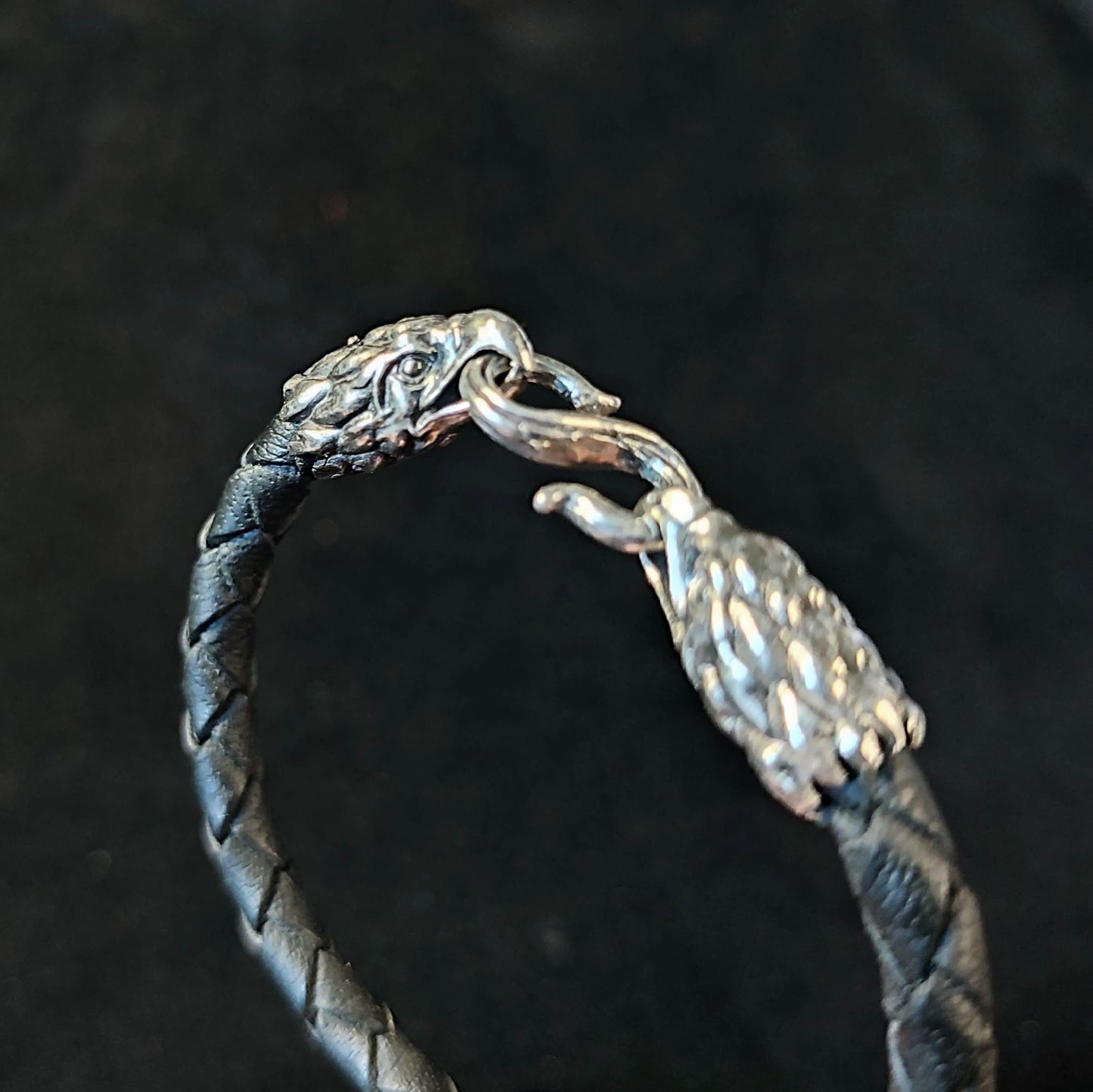 Silver Eagle's Heads Leather Black Braided Bracelet - SokolArmory