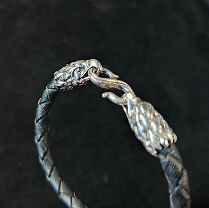 Silver Eagle's Heads Leather Black Braided Bracelet - SokolArmory