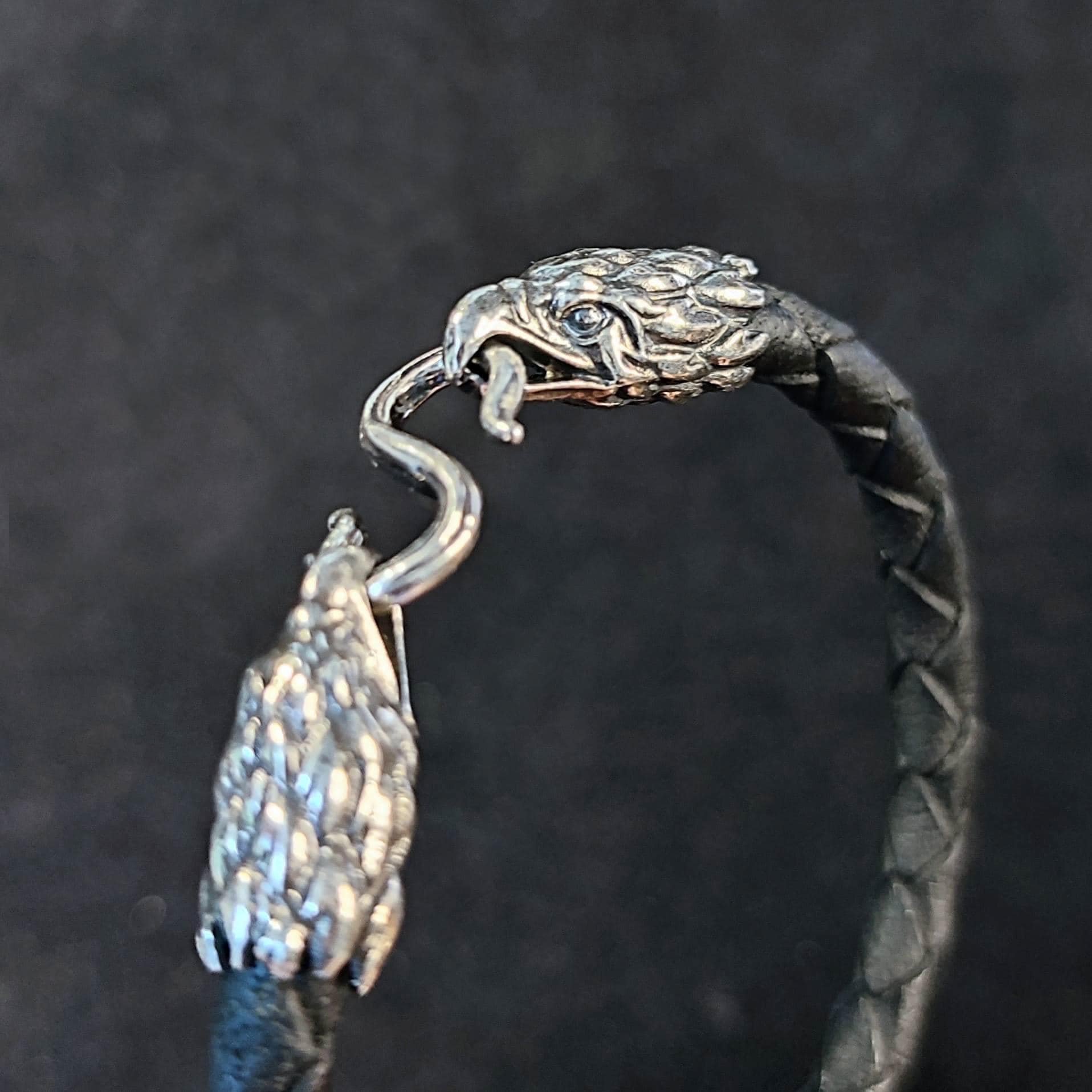 Silver Eagle's Heads Leather Black Braided Bracelet - SokolArmory