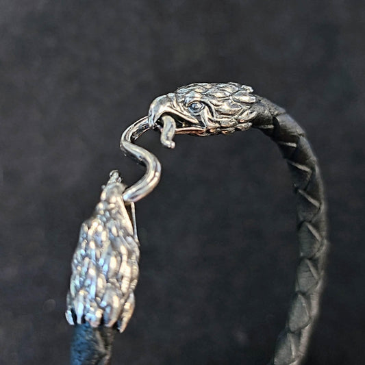 Silver Eagle's Heads Leather Black Braided Bracelet - SokolArmory